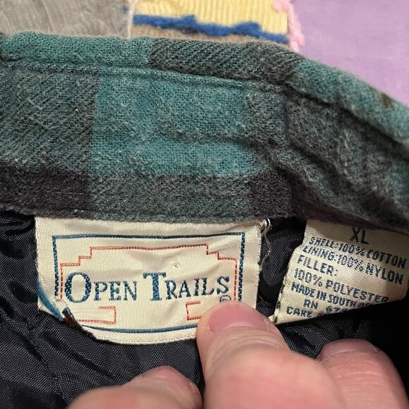 Vintage Open Trails Nylon Blanket Lined Turquoise Plaid Button Up XL - Picture 3 of 6